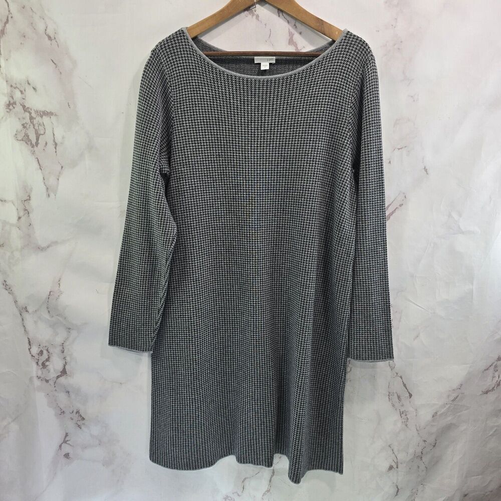 J Jill Dress Womens Medium Gray Black Sweater Houndstooth Long Sleeve Tunic Mini